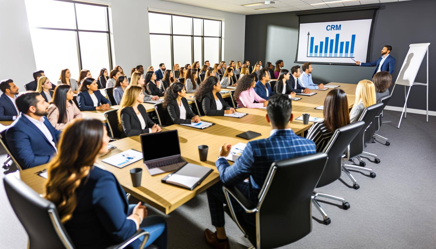 Una sala conferenze aziendale con un nutrito gruppo di dipendenti che ascoltano e prendono appunti da un relatore esperto di CRM che sta facendo una p